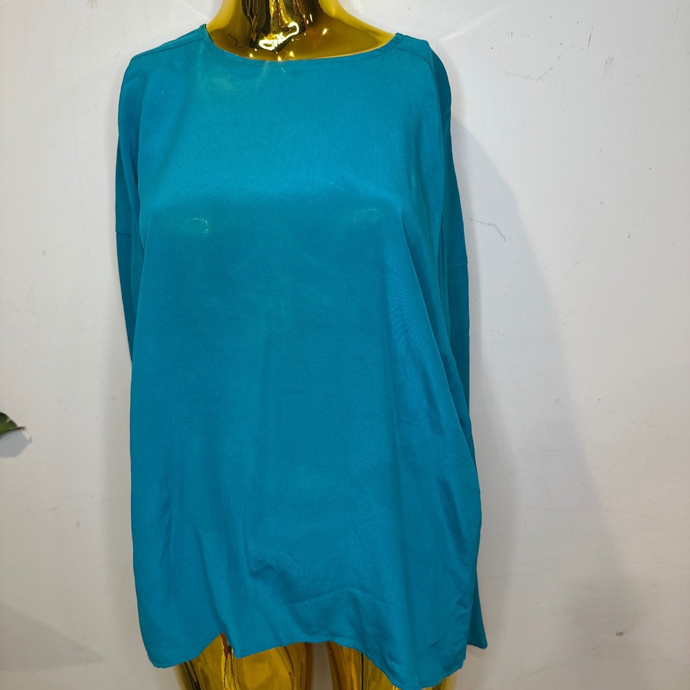 Minimalist Vintage 100% Silk Teal Blue Long Sleeve Keyhole Back Blouse Small